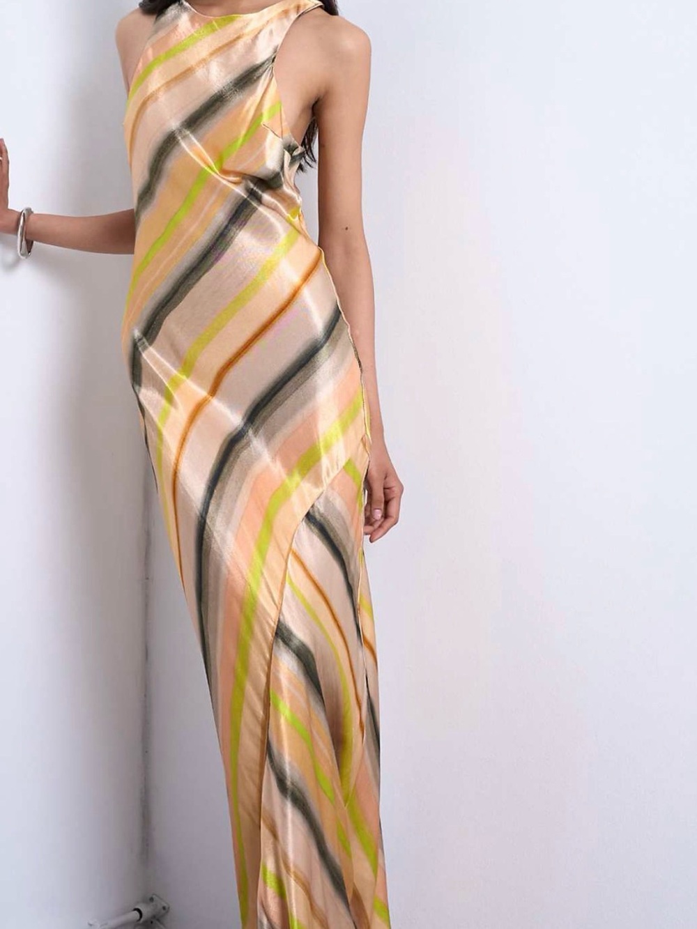 Topshop high neck racer satin dress in ombré stripe
